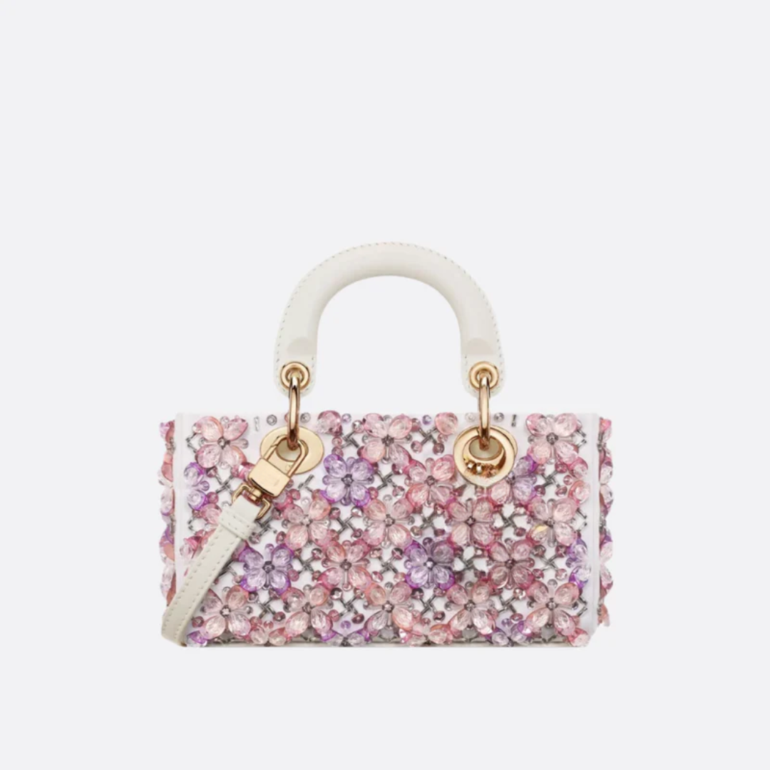 Lady Dj Micro Bag – White calfskin leather with pink floral embroidery & rhinestones