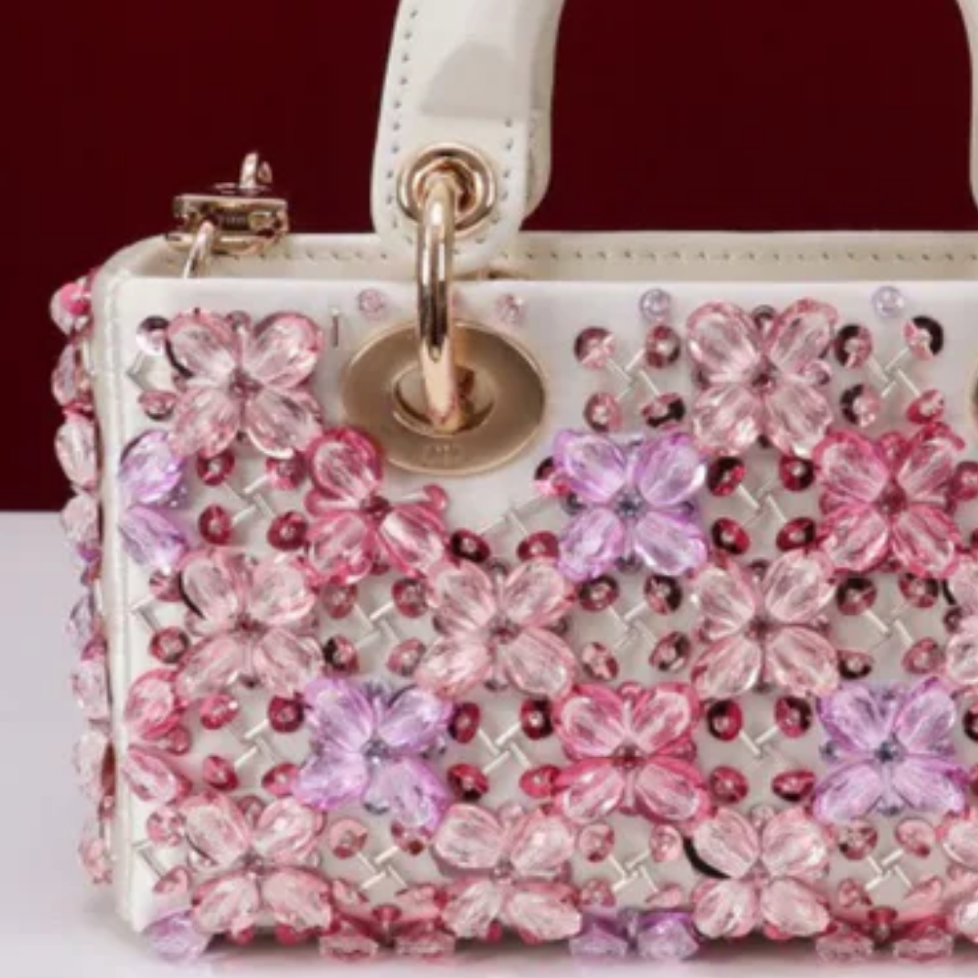 Lady Dj Micro Bag – White calfskin leather with pink floral embroidery & rhinestones