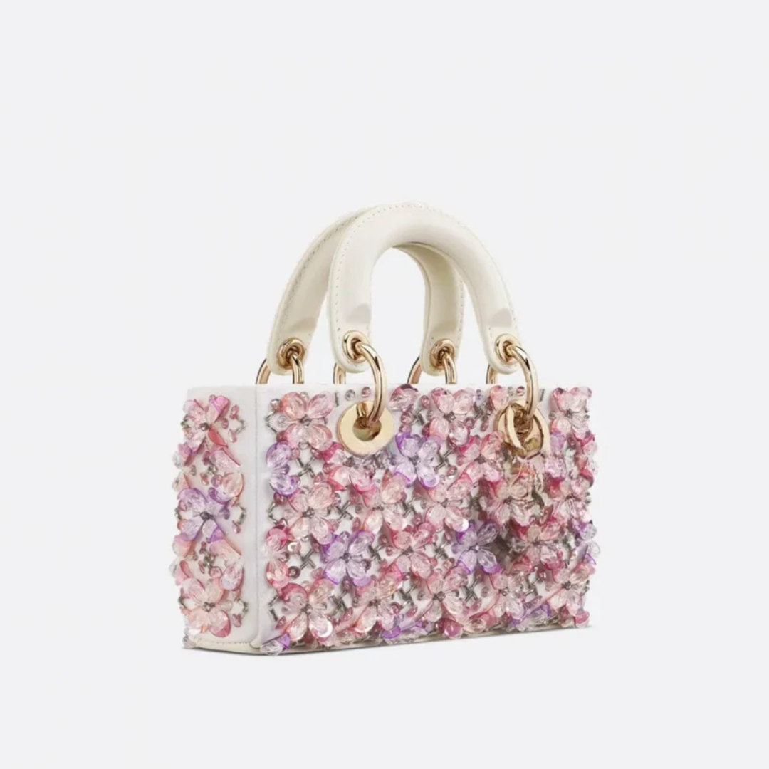 Lady Dj Micro Bag – White calfskin leather with pink floral embroidery & rhinestones