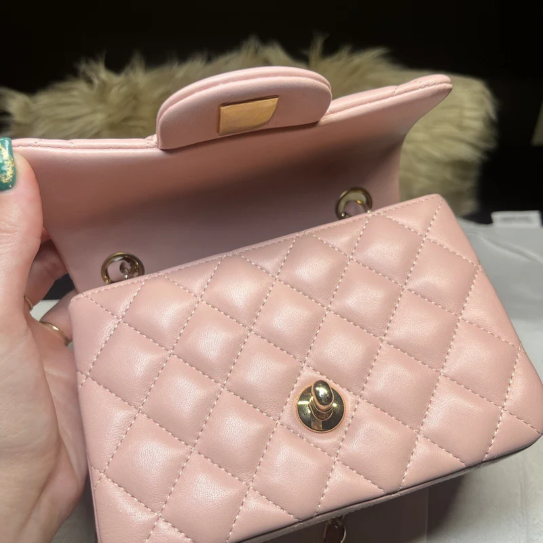 Classic Flap Mini Bag in Pink Lambskin Leather with Gold Hardware – CH