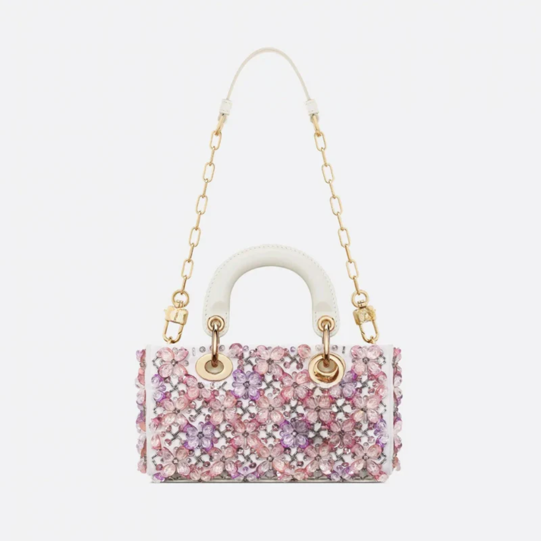 Lady Dj Micro Bag – White calfskin leather with pink floral embroidery & rhinestones